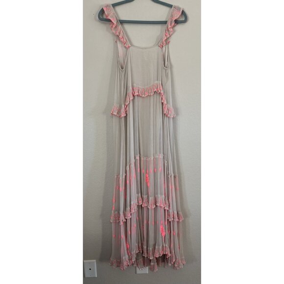 Free People Maxi Dress Hot Pink Beige Embroidered Sz Small - Picture 2 of 8